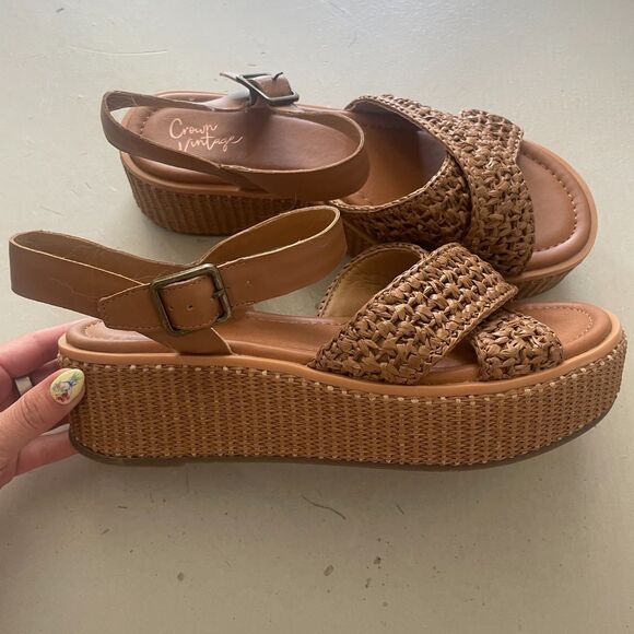 Crown Vintage Slingback Ankle Strap Platform Sandals Brown Size 8.5 - Picture 2 of 8